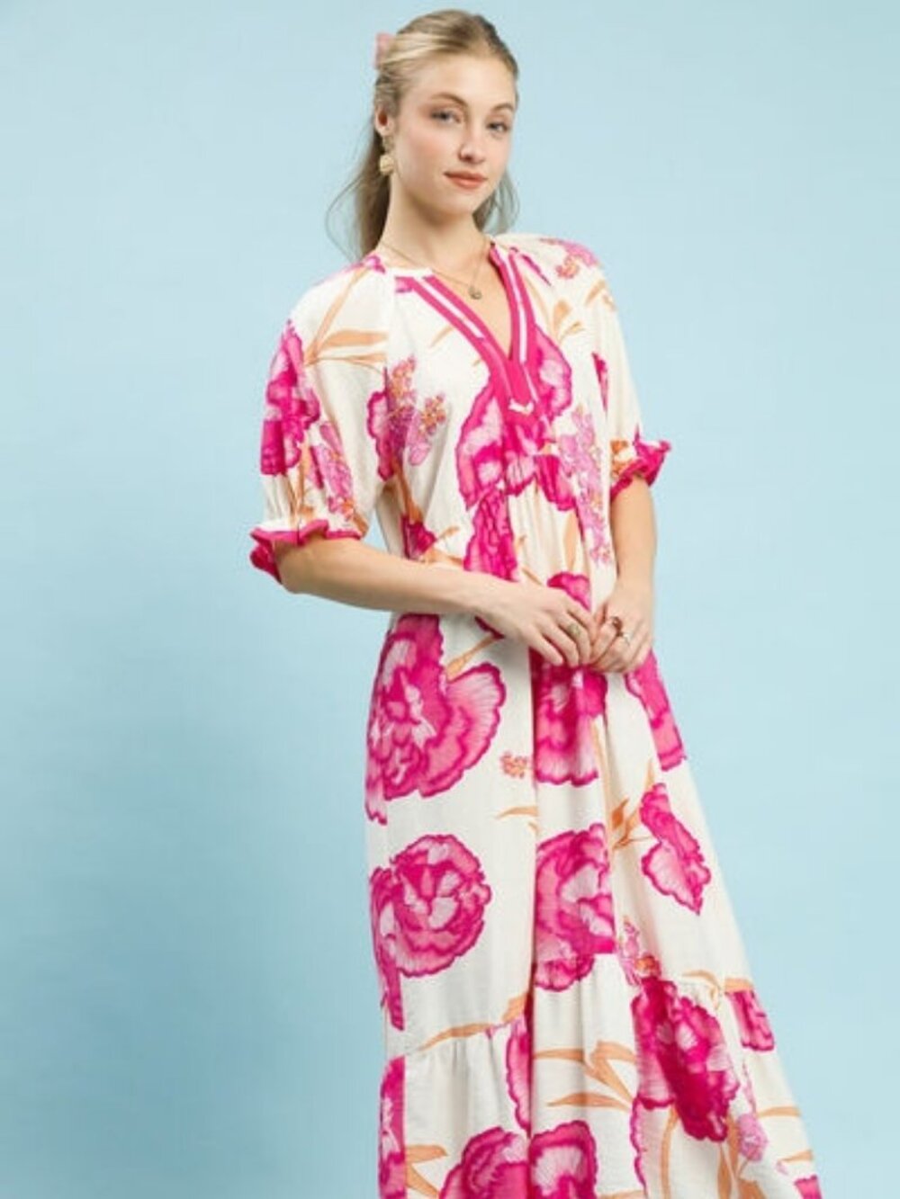 Floral Print Midi Dress Women Contrast Trim Elegant Casual Dress - Picture 5 of 5